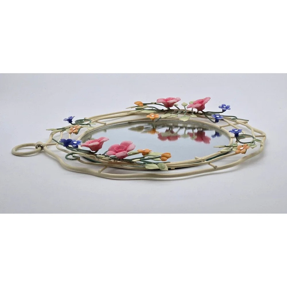 Vintage Floral Meal Wall Mirror Round Pink Blue Flower Vine Cottagecore Decor